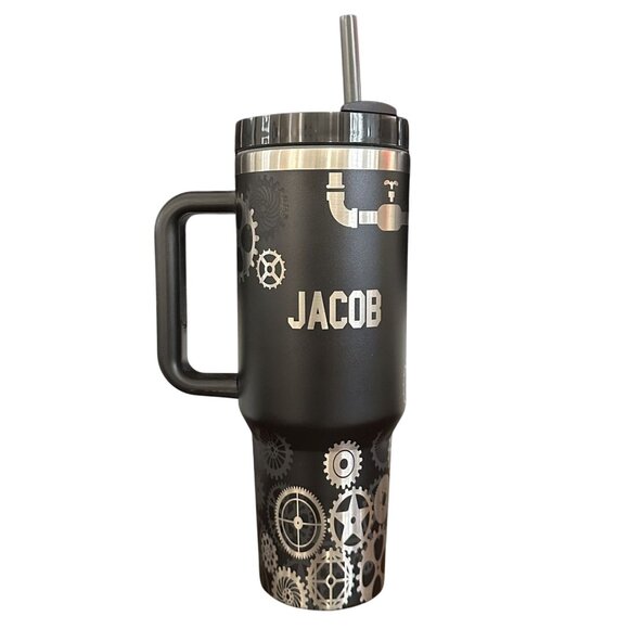 Stainless Steel Tumbler 40oz Handle Black Engraved Personalized - Picture 1 of 4